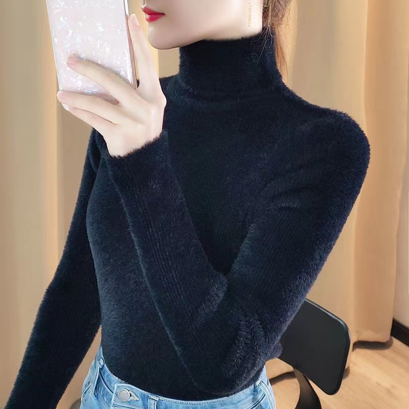 Sweater Women’s Pullover Thickened Imitation Mink Velvet Turtleneck Winter 2022 New Warm Slim Solid Color Knitted Sweater alx