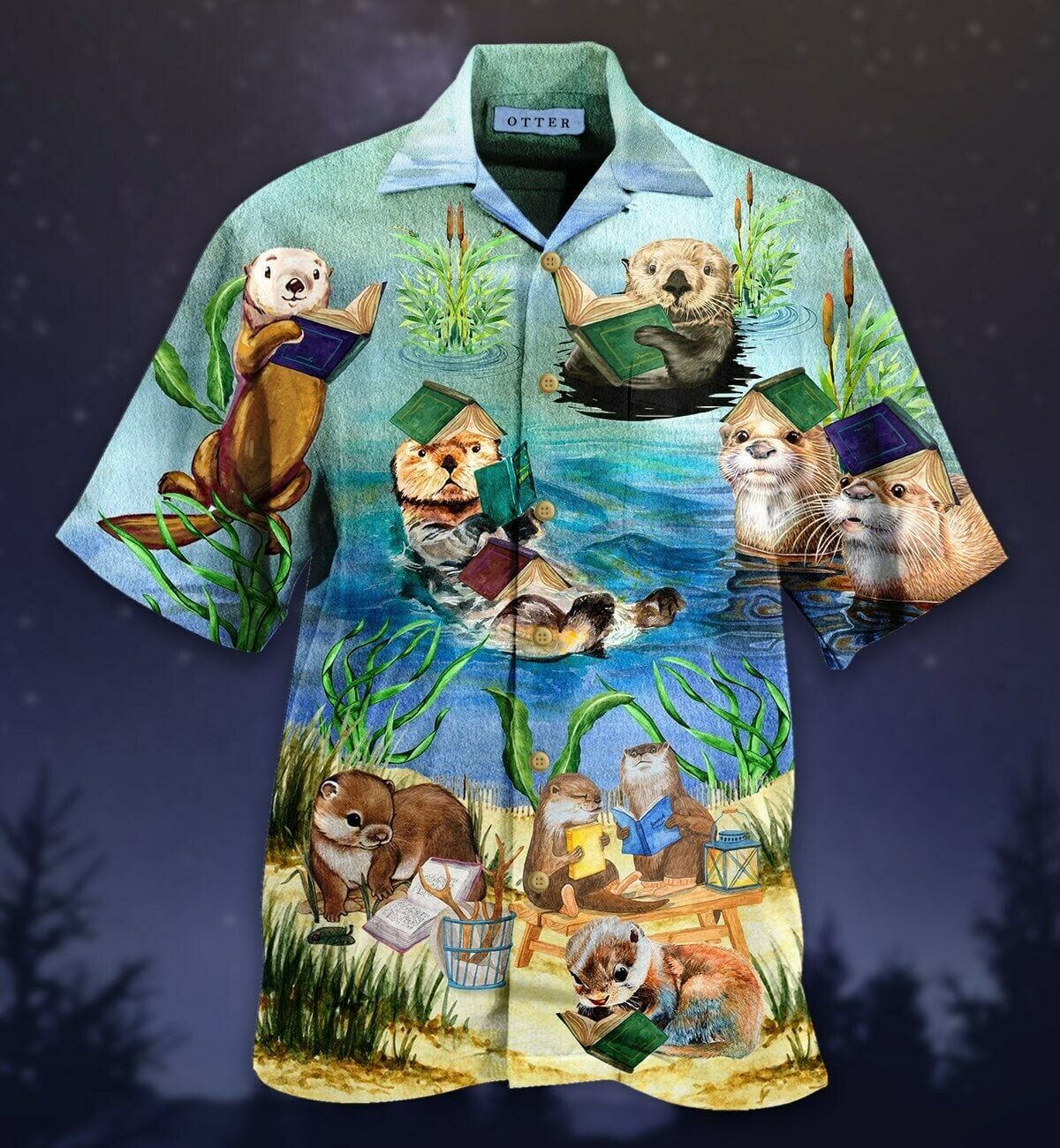 Cute Otter Reading Book Hawaii Aloha Shirts Va Ha62553