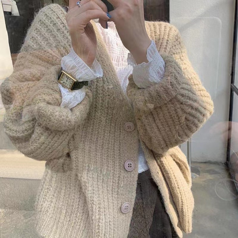 Women Clothing 2022 Autumn Winter New Solid Color Thick Sweater Knitted Cardigan Korean Style Loose Style Simple Gentle Jacket alx