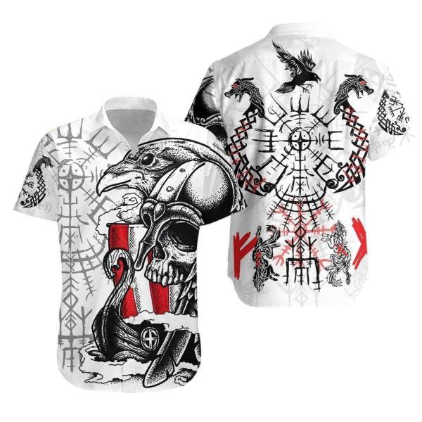 Viking Raven With Skull And Viking Ship Vegvisir Hawaiian Shirt