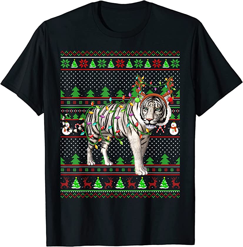 Ugly Xmas Sweater Style Lighting White Tiger Christmas T-Shirt