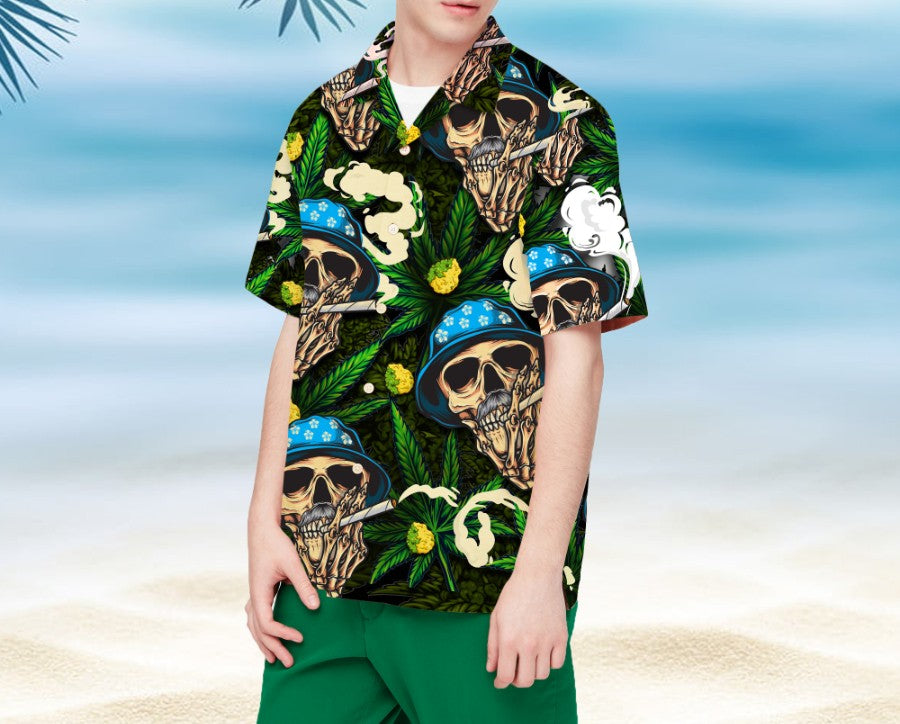 420 Skull Faces With Blue Hat Pot Leaf Smoking Tropical Shirt Tropical Shirt Hawaiian Shirt For Men For Men Cp