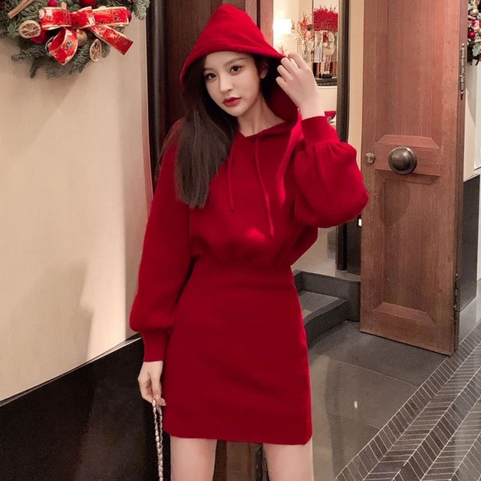 Christmas Dress Women Knitted Large Size Mini Sweater Solid Slim Elastic High Waist Vintage Pullovers Hoodie Winter Dress Women alx