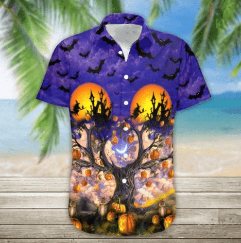 Purple Night Halloween Sky With Full Of Bats Unisex Hawaii Shirts Ha53171