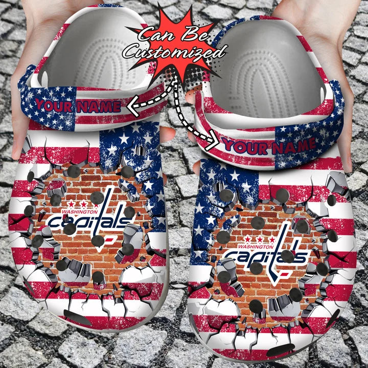 Hockey Crocss – Personalized W.Capitals American Flag Breaking Wall Clog Shoes