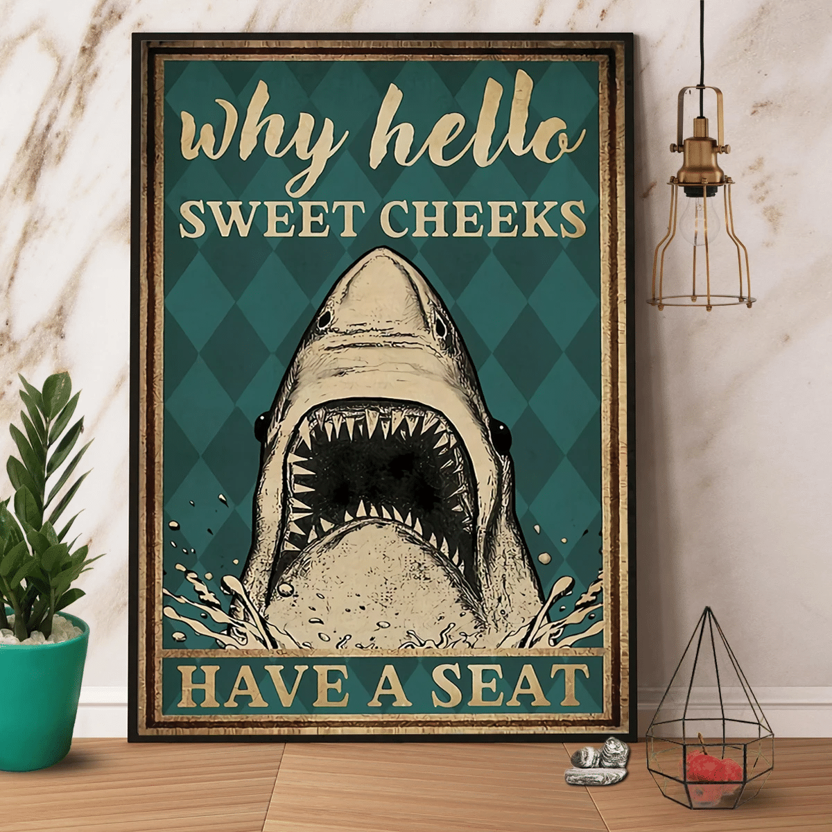 Shark Why Hello Sweet Cheeks Retro Green Canvas Poster Wall Art