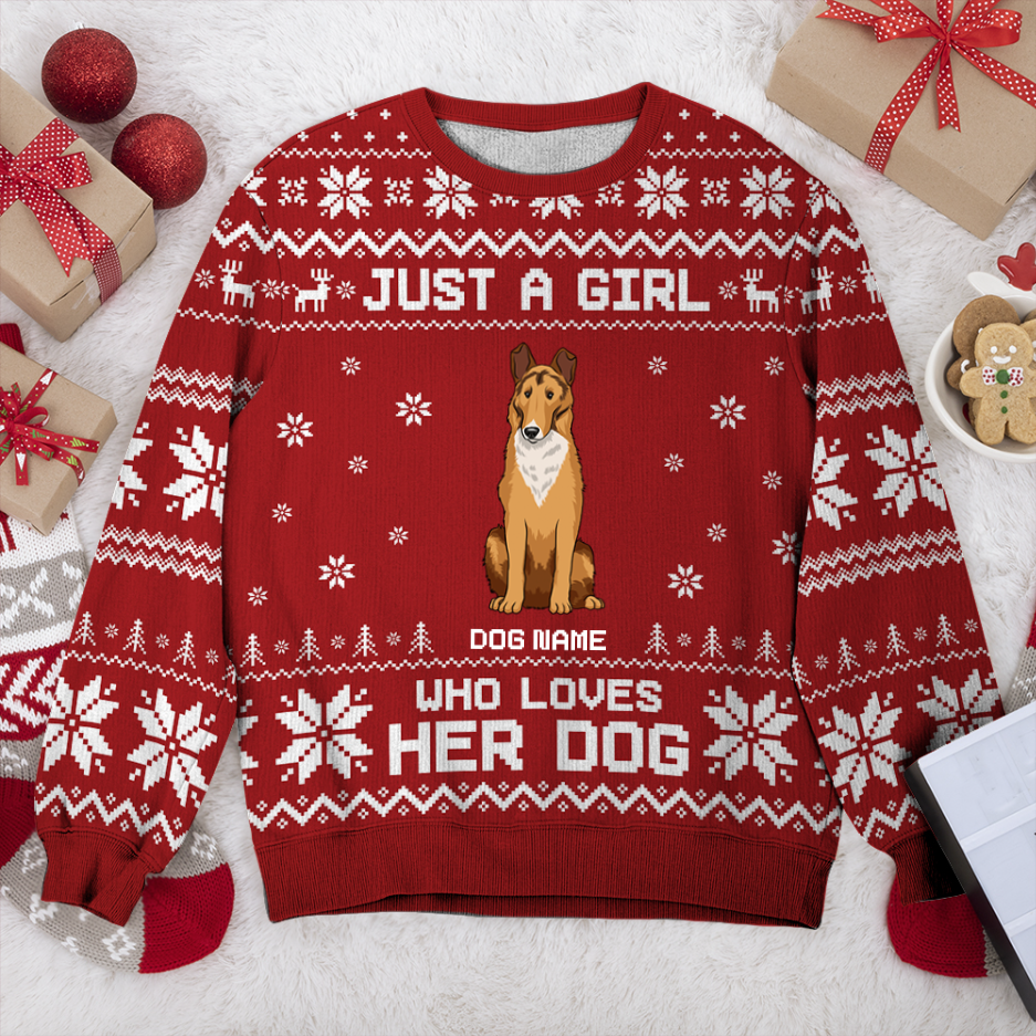 Smooth Collie Just A Girl Personalized Sweater, Dog Ugly Christmas Sweater