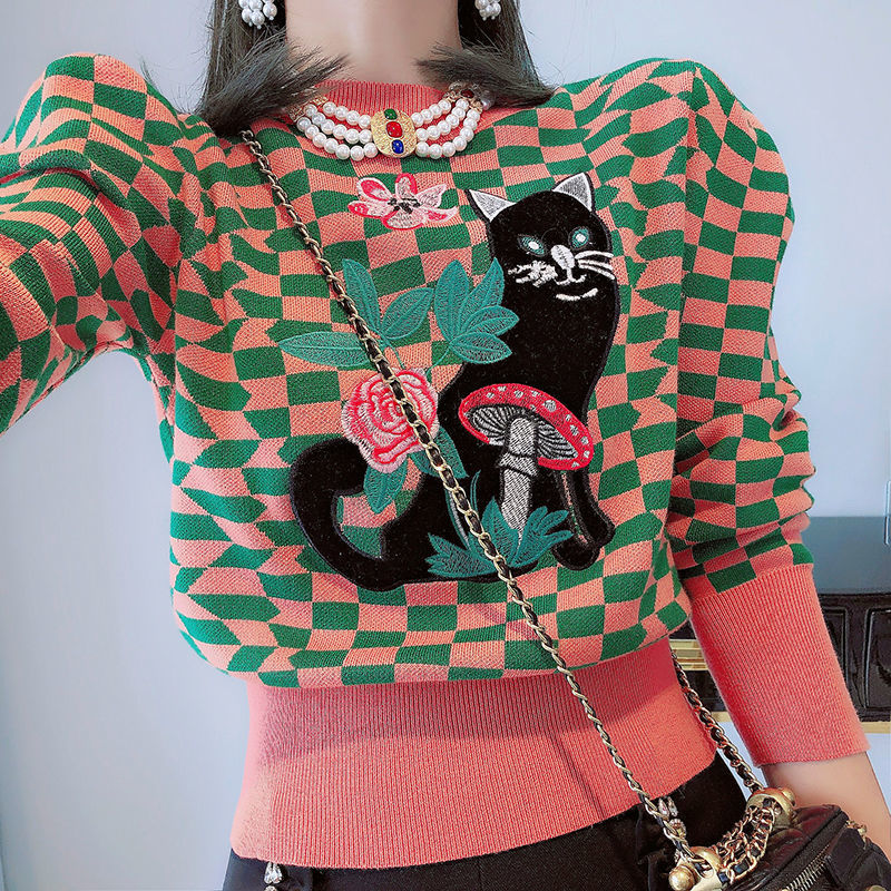 Autumn Winter New O Neck Puff Sleeve Women Pullovers Korean Kawaii Cartoon Hit Color Plaid Sweaters Streetwear Crop Top alx