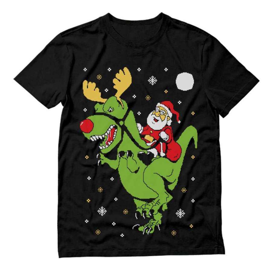 T-Rex Santa Ride Ugly Christmas T-Shirt