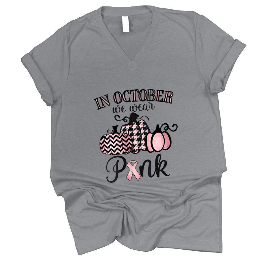 Womens In October We Wear Pink Thanksgiving Breast Cancer Awareness V Neck T Shirt