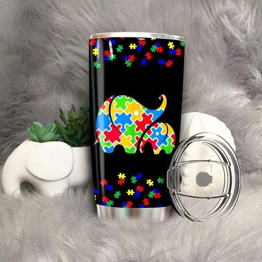 Autism Awareness Elephant Puzzle Pieces Stainless Steel Skinny Tumbler Bulk, Double Wall Vacuum Slim Water Tumbler Cup With Lid, Reusable Metal Travel Coffee Mug