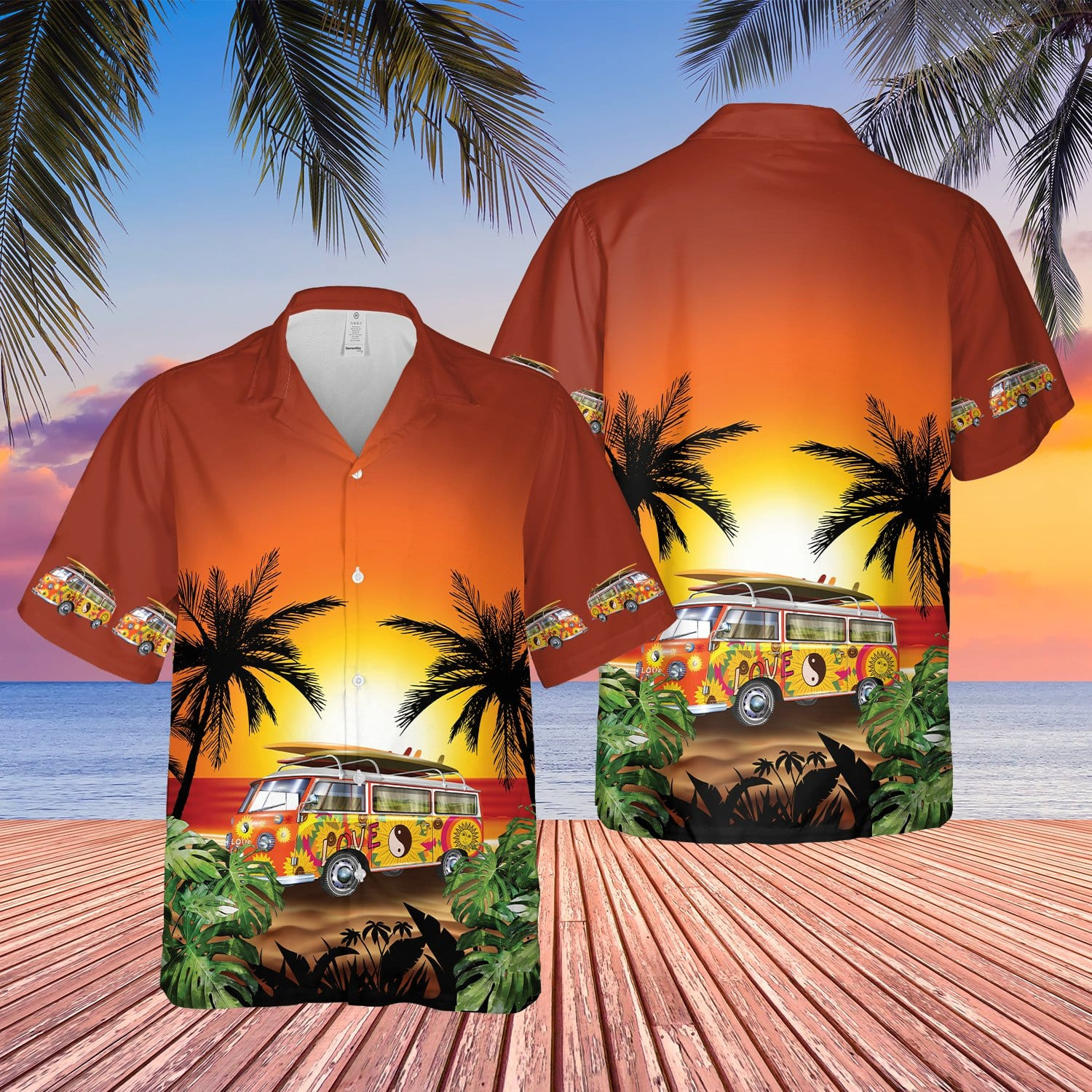 Hippie Camping Van On The Sunset Beach Unisex Hawaii Shirts Ha34915