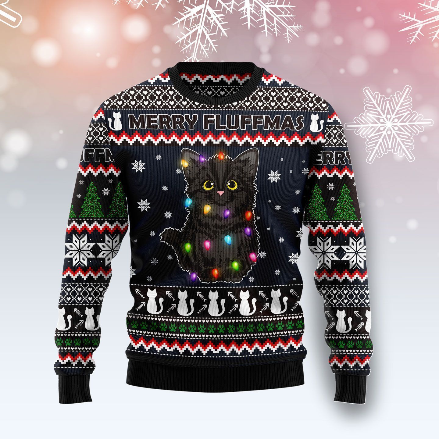 Black Cat Fluffmas Ugly Christmas Sweater For Men & Women Adult