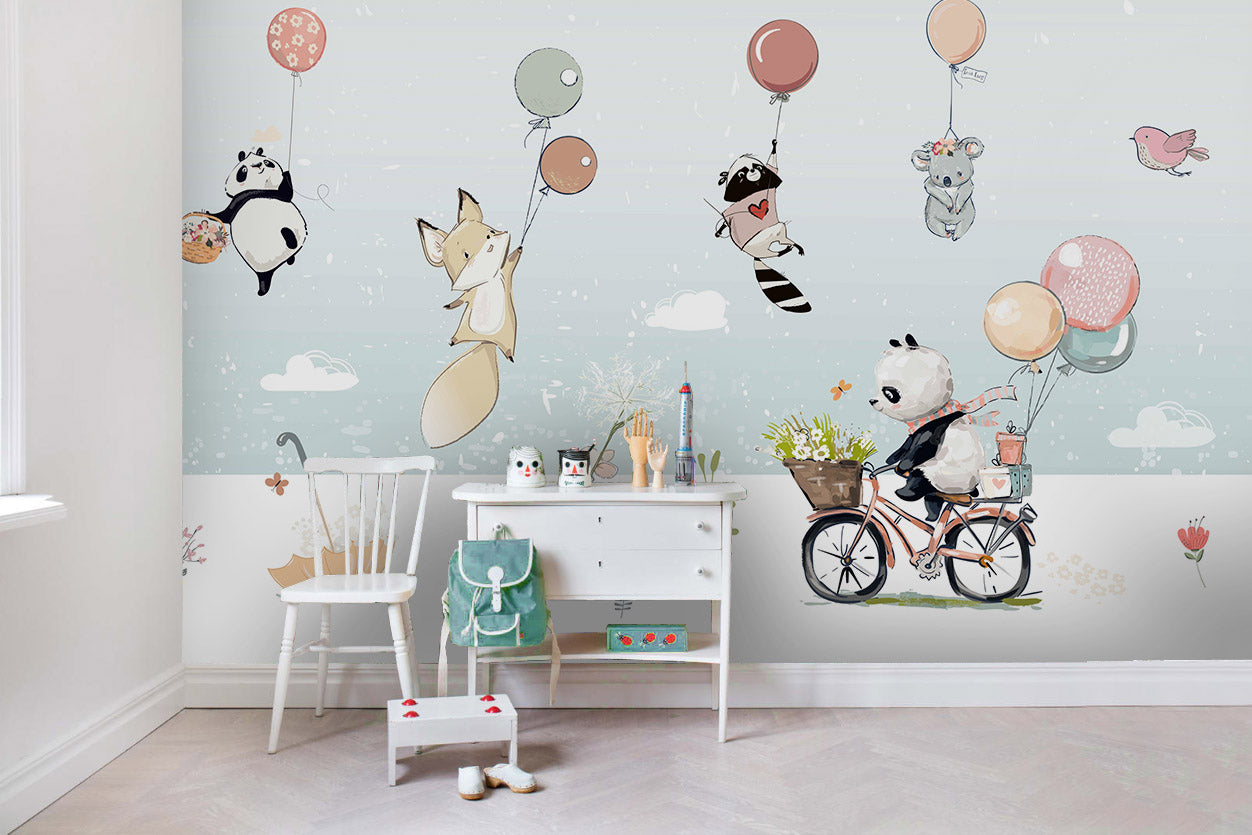 3D Cartoon Animal Balloon Wall Mural Wallpaper Lqh 118