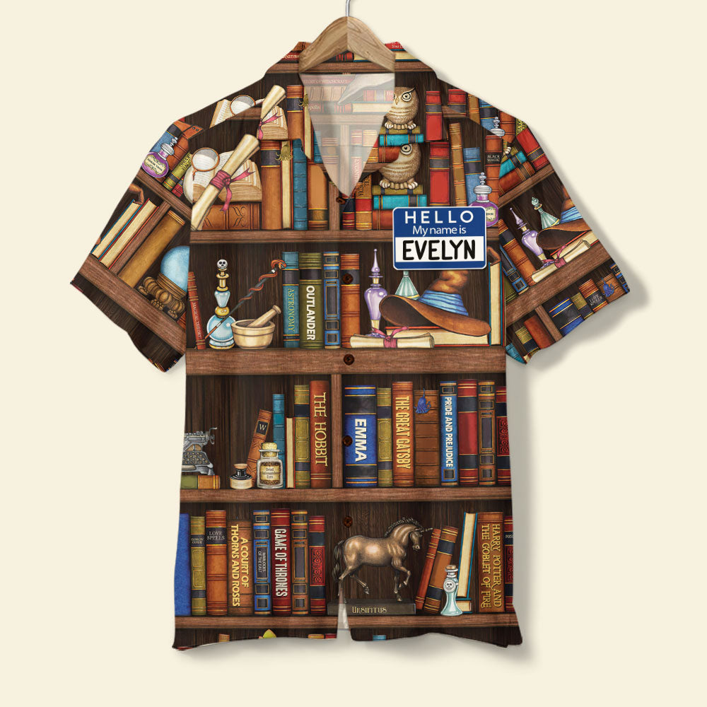 Personalized Book Lover Hawaii Shirt Hello My Name Is Bookshelf Pattern Ha23100