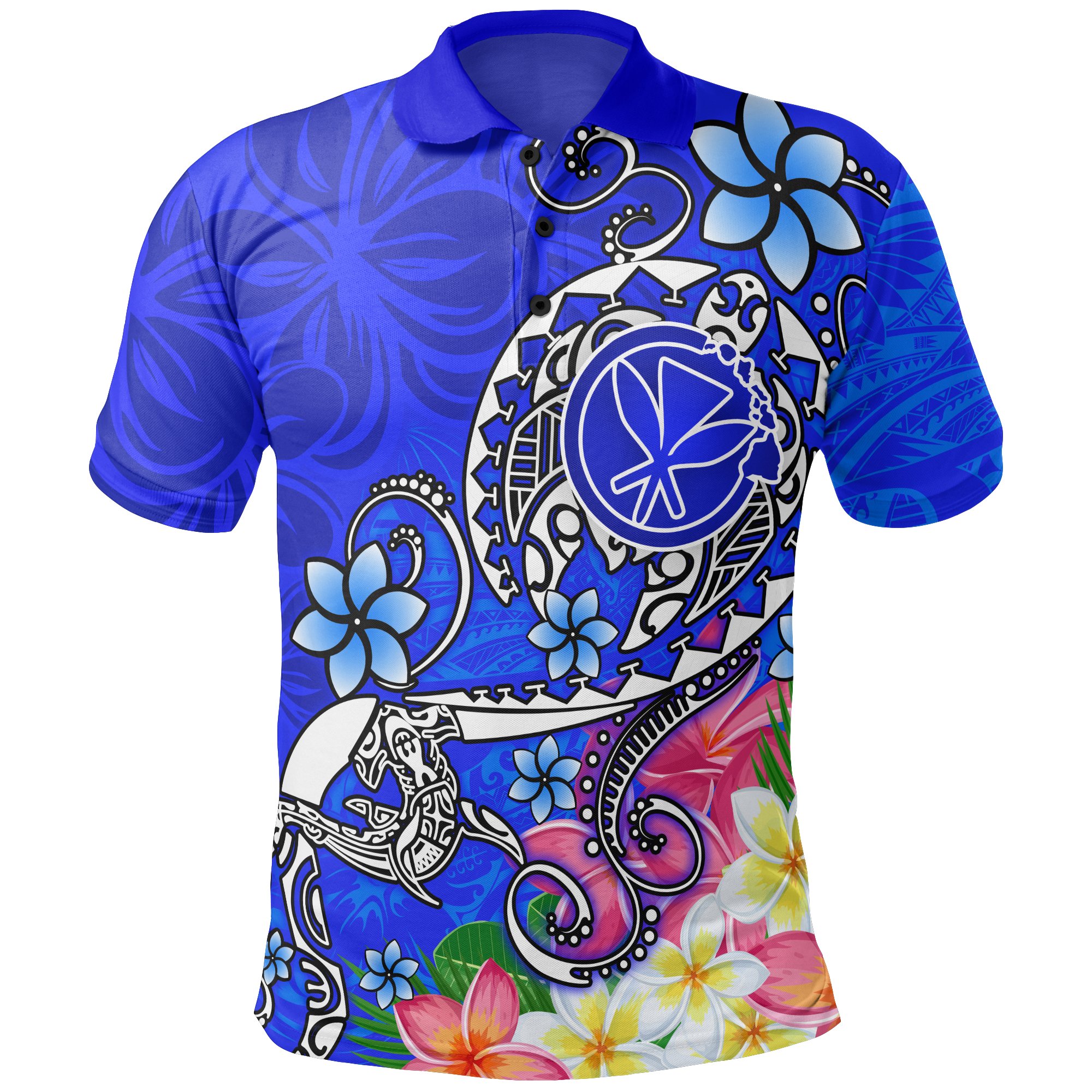 Hawaii Polo Shirt - Turtle Plumeria Polynesian Tattoo Blue Color - BN18