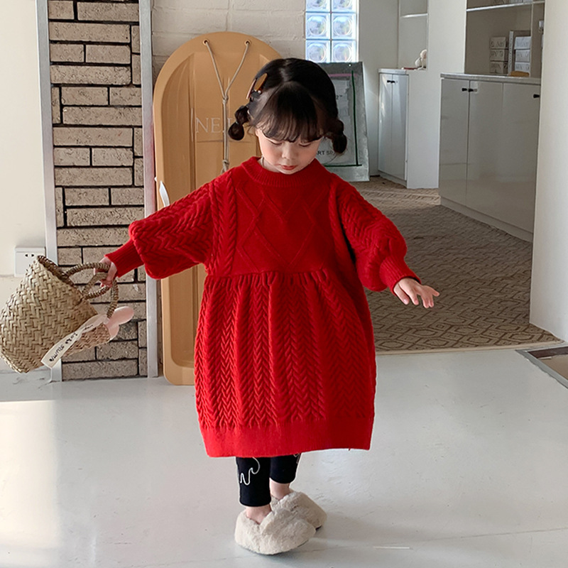 Winter Autumn Girls Sweater O-neck Long Sleeve Dress Fried Dough Twist Vintage Wool Dress children’s clothing alx