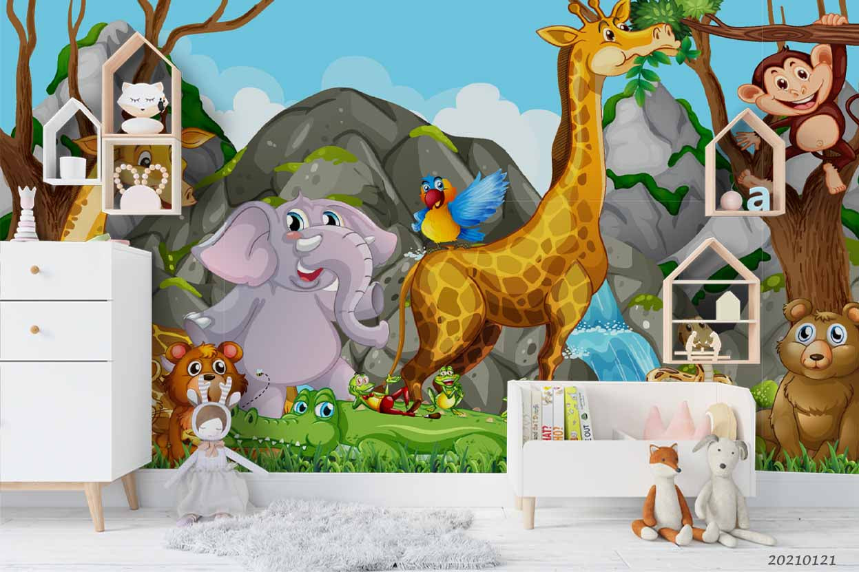 3D Hand Drawn Forest Animal Elephant Giraffe Wall Mural Wallpaper Lqh 45