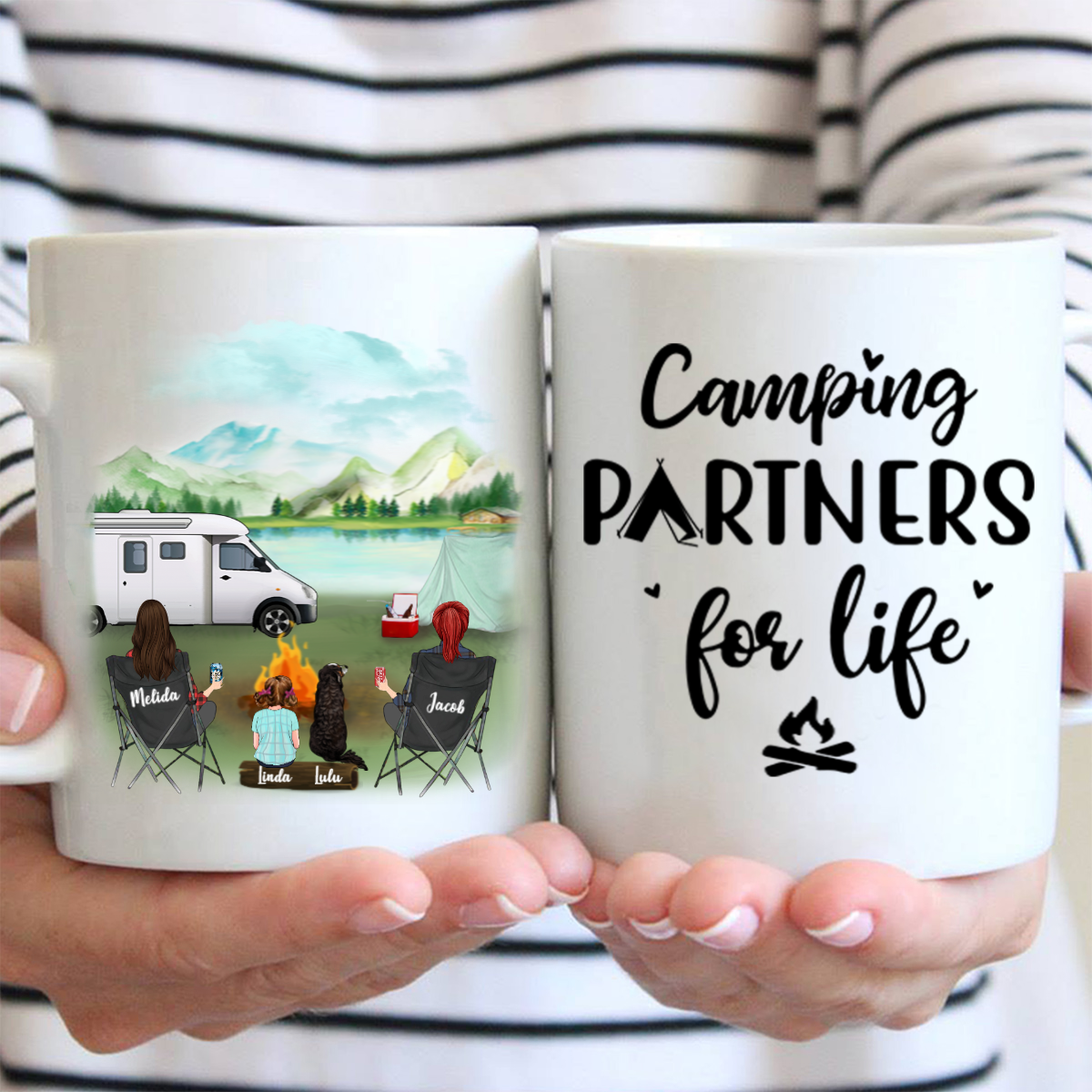 Personalized camping coffee mug, gift idea for same sex couple, dog lovers – 2 Women with 1 Kid & 1 Dog – Camping Partners For Life