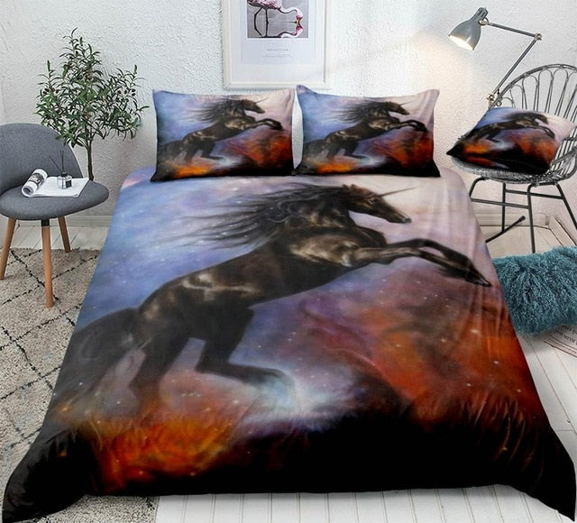 3D Black Unicorn And Galaxy Star Duvet Cover Set, Microfiber Fabric Bedding