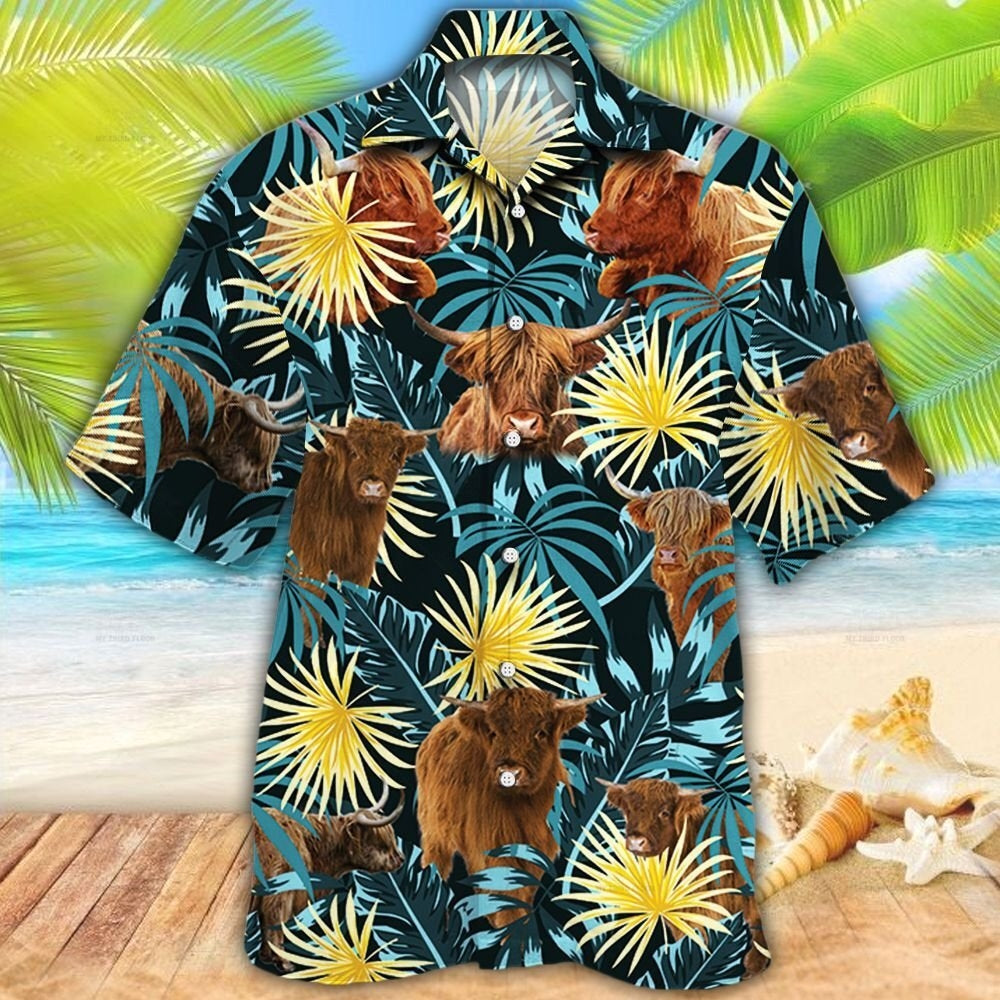 Highland Cattle Lovers Blue And Yellow Plants Hawaii Shirt Ha34439