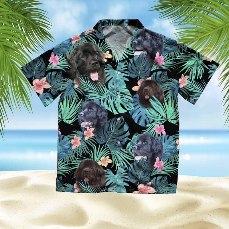 Newfoundland Hawaiian Shirt, Dog Summer Leaves Hawaiian Shirt, Unisex Print Aloha Short Sleeve Casual Shirt