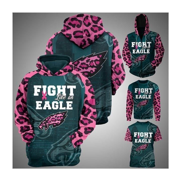 Philadelphia Eagles Fight Like A Packer Pink Leopard Pattern Slevees Cancer Unisex 3D Zip up Hoodie Jacket T-shirt