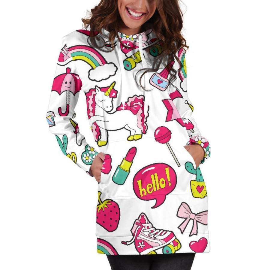 White Girly Unicorn Pattern Print Hoodie Dress