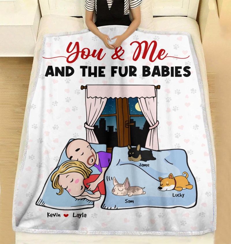 You & Me And Fur Babies, Personalized Cartoon Sleeping Couple & Cat Blanket, Custom Dog Breeds, Gift For Dog/Cat Lover