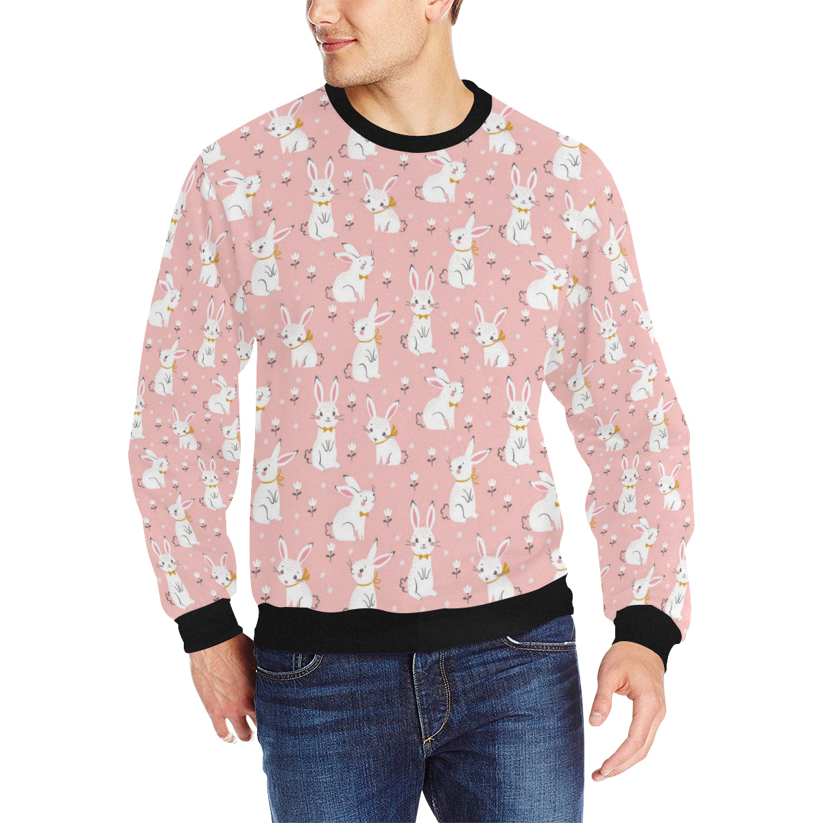 Cute white rabbit flower pink background Men’s Crew Neck Sweatshirt