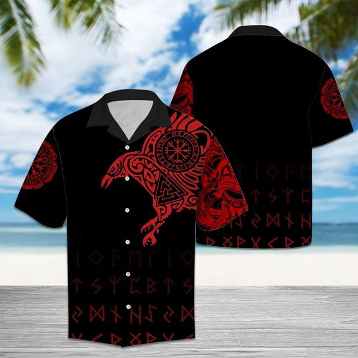 Viking Red Raven Norse Mythology Black Hawaiian Aloha Shirt Ha99936