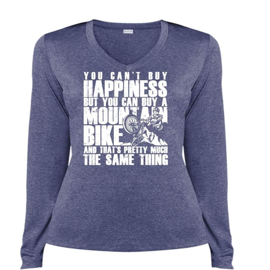 You Can Buy A Mountain Bike T Shirt, You Can’t Buy Happiness T Shirt, Cool Shirt (Ladies LS Heather V-Neck)