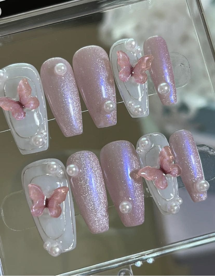 Pearlescent Pink and white mix color with pink Butterfly Party Festive Handmade Press On Nails | Fake nails | False Nails| Pink Crystal #282