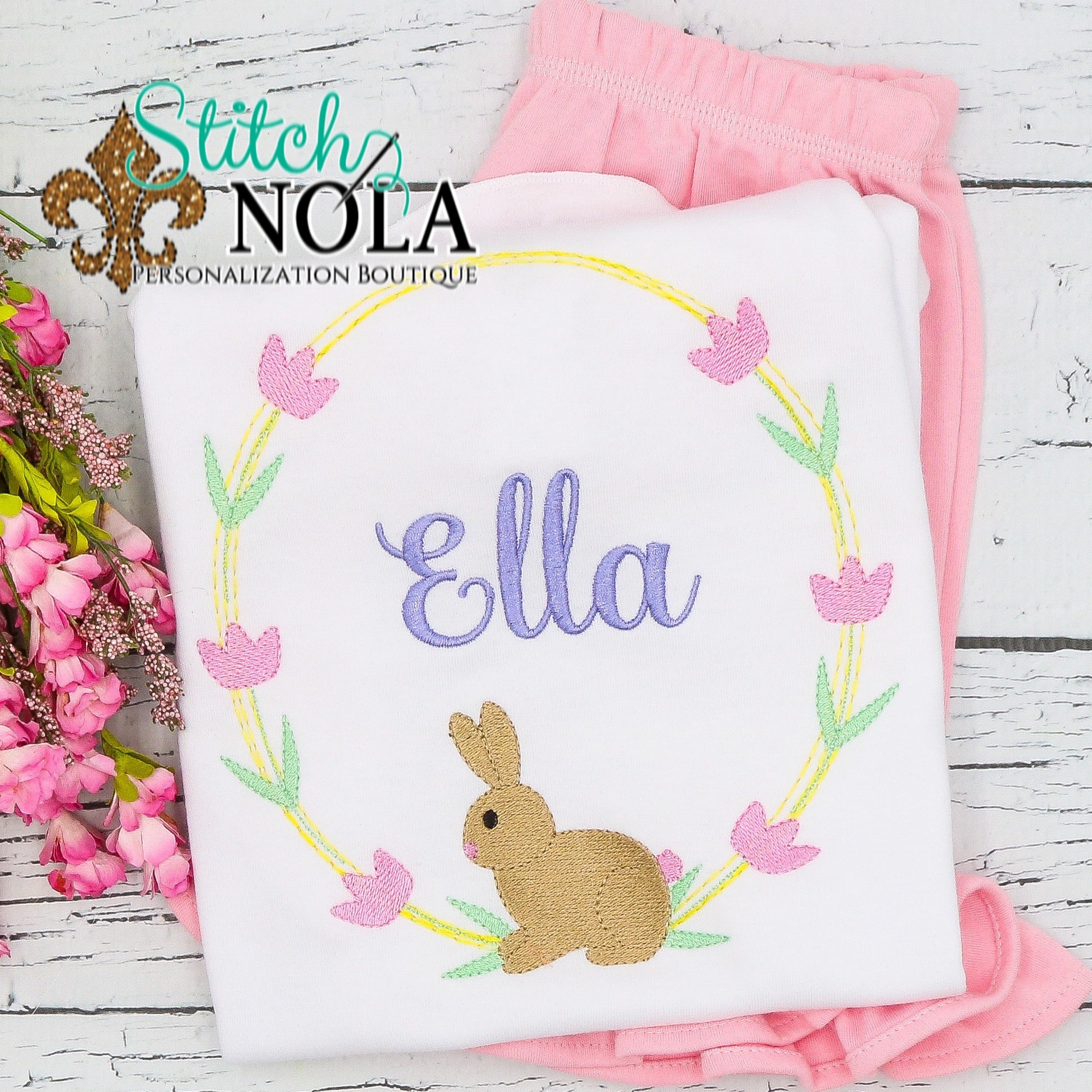 Personalized Floral Easter Wreath With Bunny Sketch Shirt