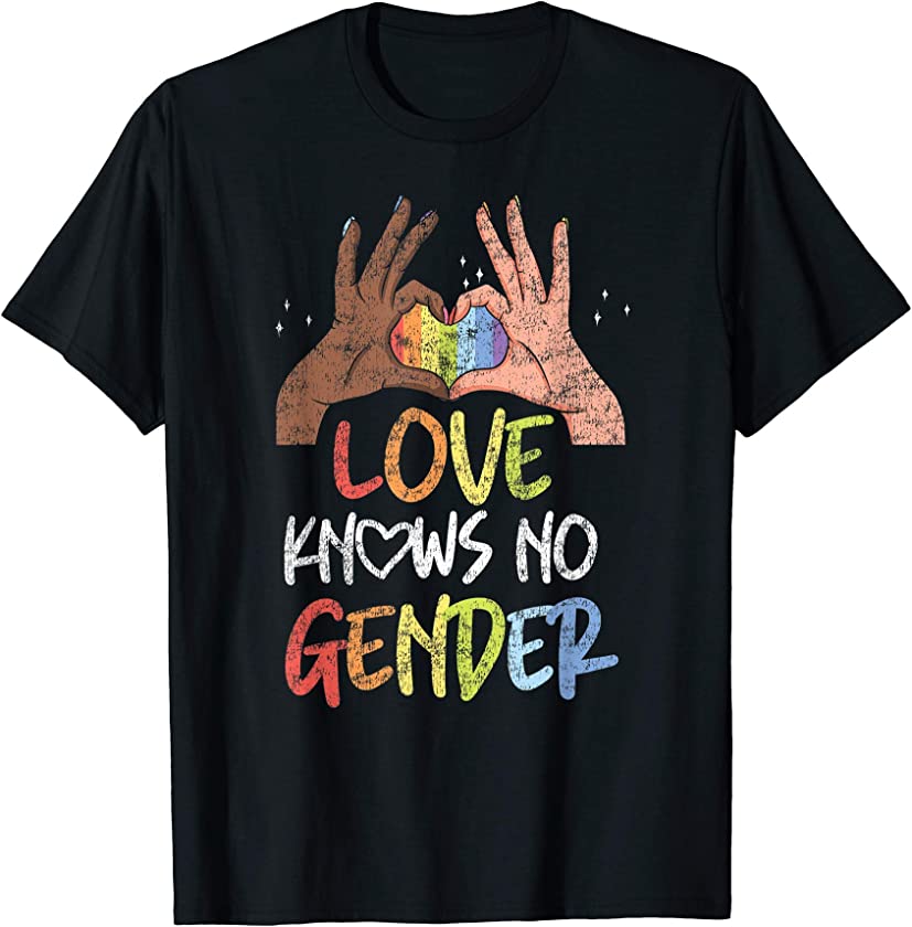 Vintage LGBT Pride Rainbow Love Knows No Gender Black Heart T-Shirt