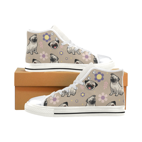 Pug Flower White High Top Canvas Women’s Shoes/Large Size (Model 017)