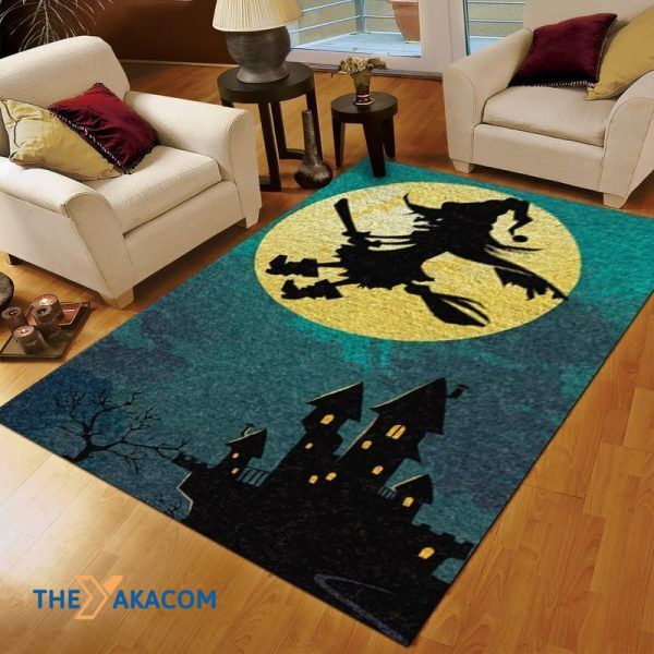 Castle And The Flying Witch Happy Halloween Rectangle Area Rug Floor Decor