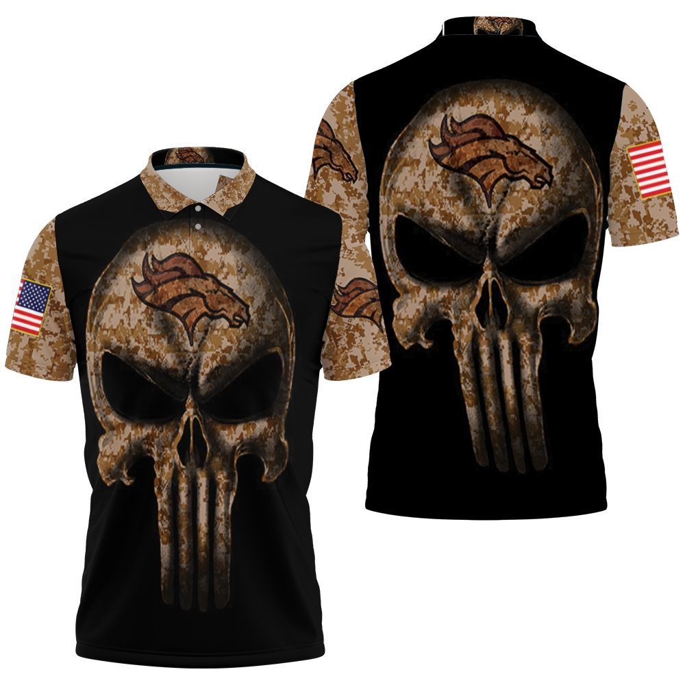 Camouflage Skull Denver Broncos American Flag Polo Shirt