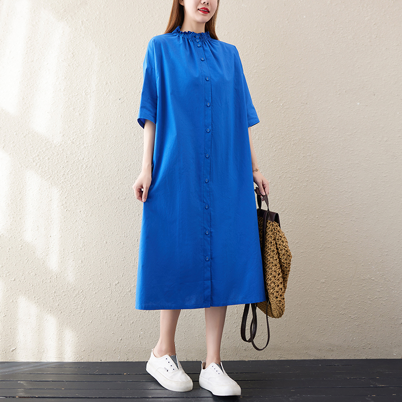 Blue Shirts Blouse Dress 2022 New Arrival Short Sleeve Fashion Summer Dress Plus Size Loose Women Travel Casual Midi Dress alx