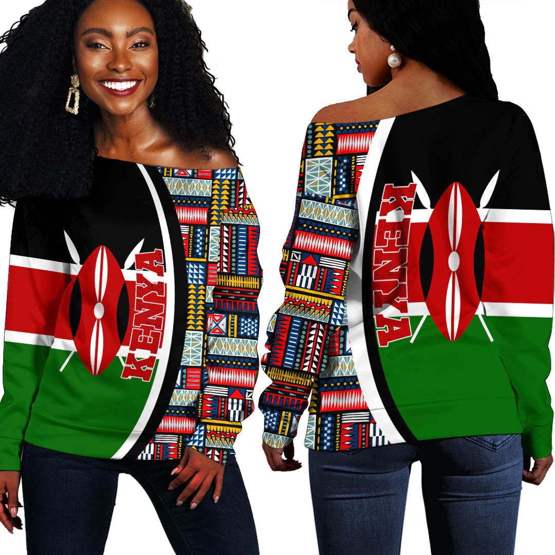 Africazone Clothing – Kenya Flag And Kente Pattern Special Women’S Off Shoulder Sweaters A35