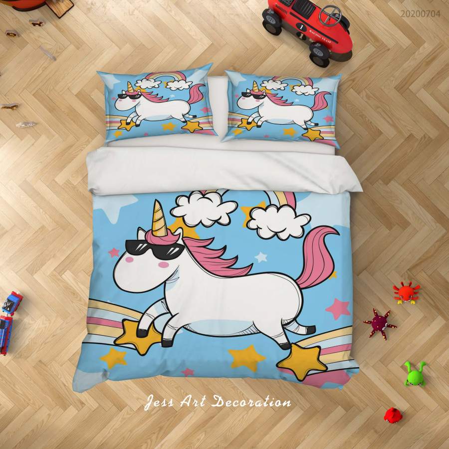 3D Blue Star Rainbow Unicorn Quilt Cover Set Bedding Set Duvet Cover Pillowcases SF147