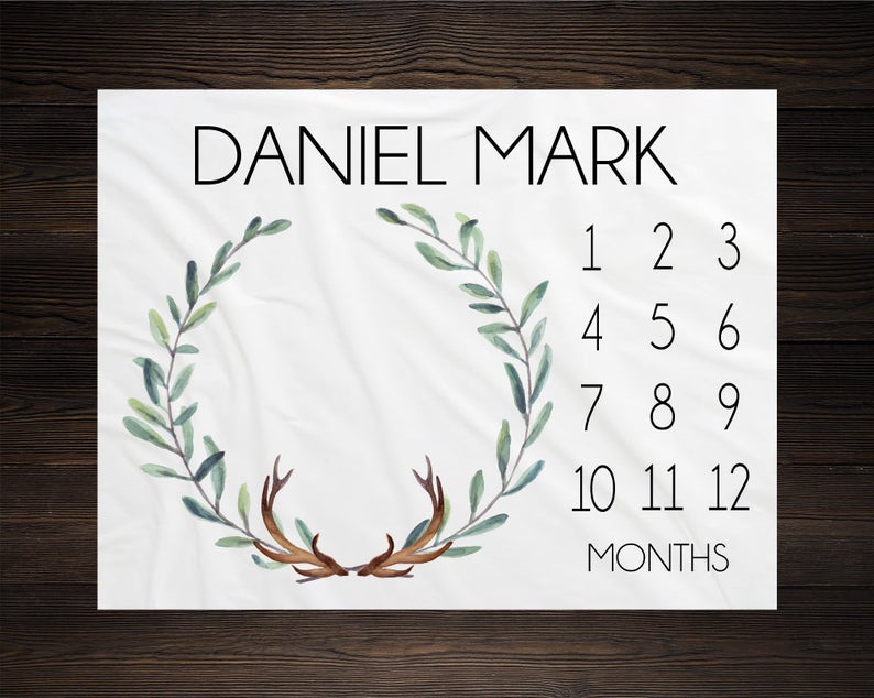 Woodland Milestone Blanket, Monthly Growth Tracker Soft Fleece Antler Blanket, Baby Shower Gift, Newborn Gift Blanket, Watch Me Grow Baby Boy