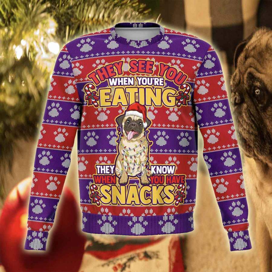 ADORABLE PUG SNACKS 3D ALL OVER PRINT UGLY CHRISTMAS SWEATER