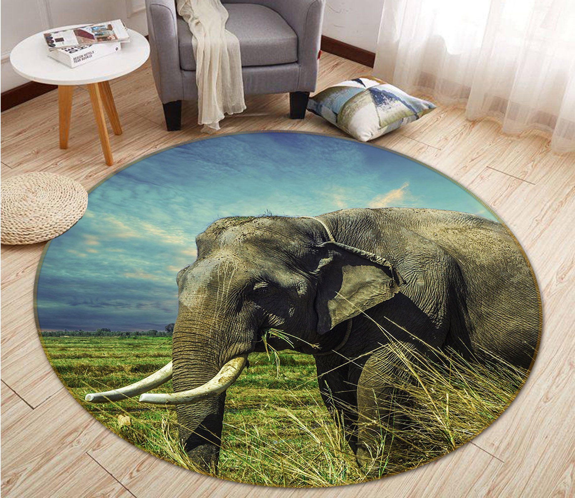 Blue Sky Elephant In Grass Printed Round Rug – Round Carpet Home Decor