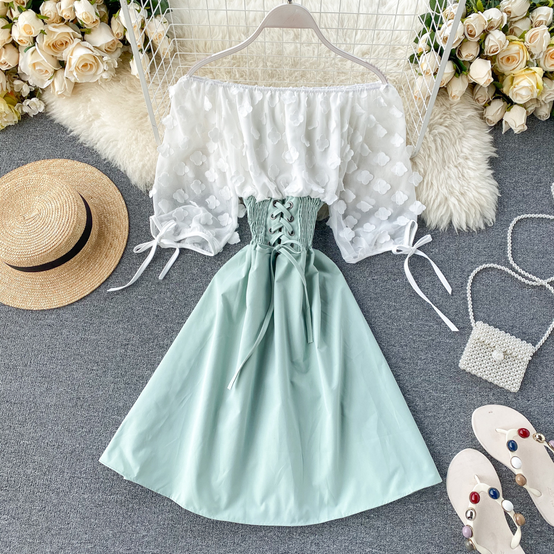 2022 Sexy Off Shoulder Patchwork Summer Short Dress Party Flower Chiffon Slim Waist Lace Up Women Casual A-Line Beach Dress alx