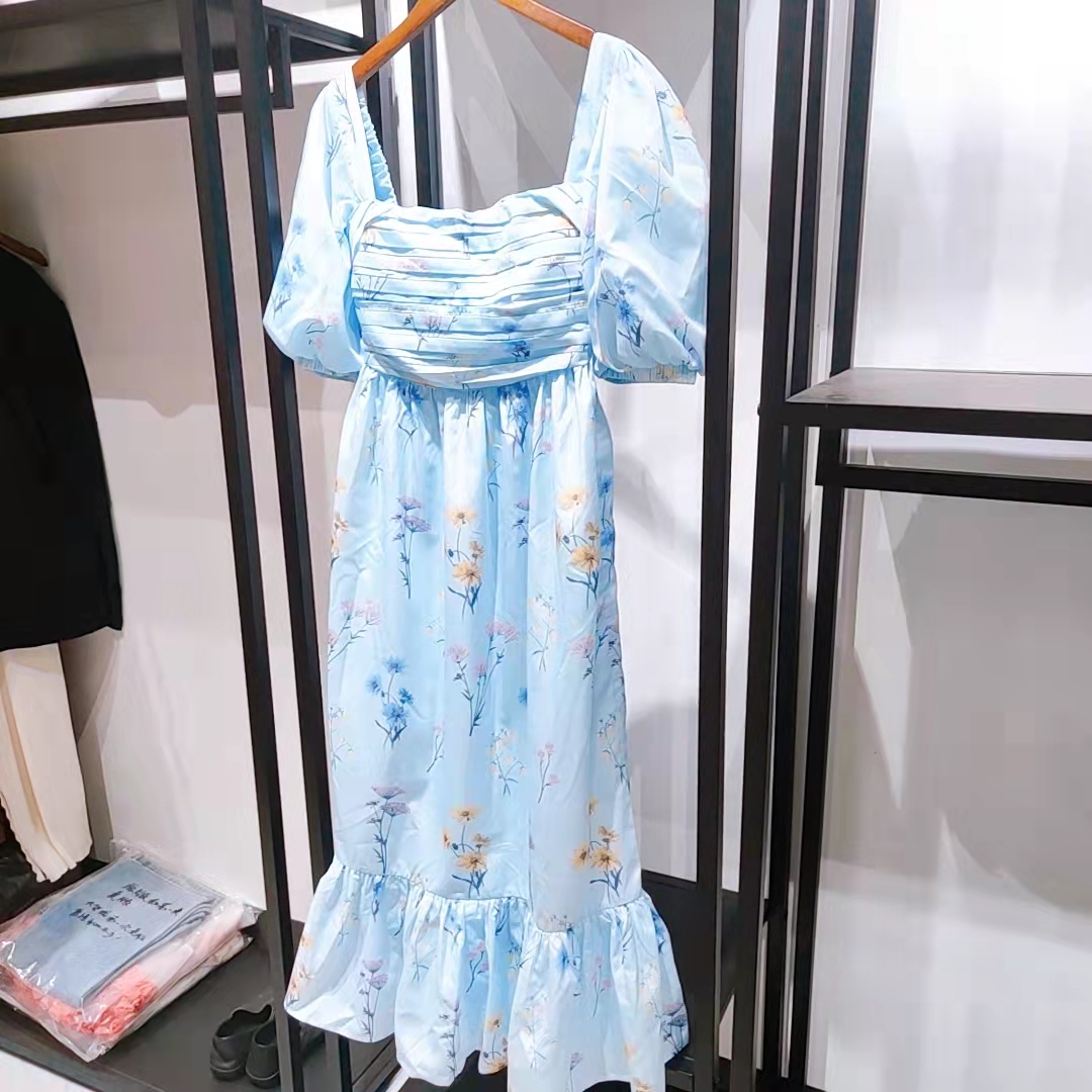 Women Hem Ruffles Mid-calf Dress Fresh Floral Printed Blue Puff Sleeve Backless Square Collar Female Robe Summer 2022 alx