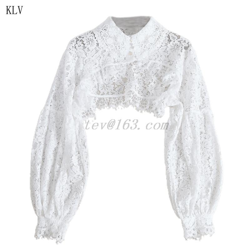 Women Puff Long Sleeve Lapel Half Top Blouse Hollow Out Eyelash Floral Lace Detachable False Fake Collar Dickey Necklace alx