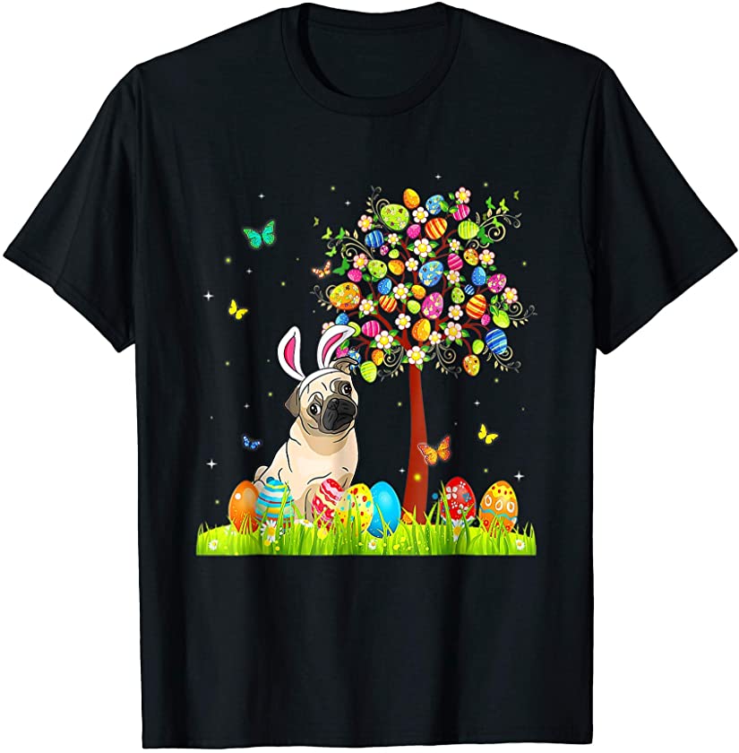 Cute Bunny Pug Easter Eggs Tree Easter T-Shirt