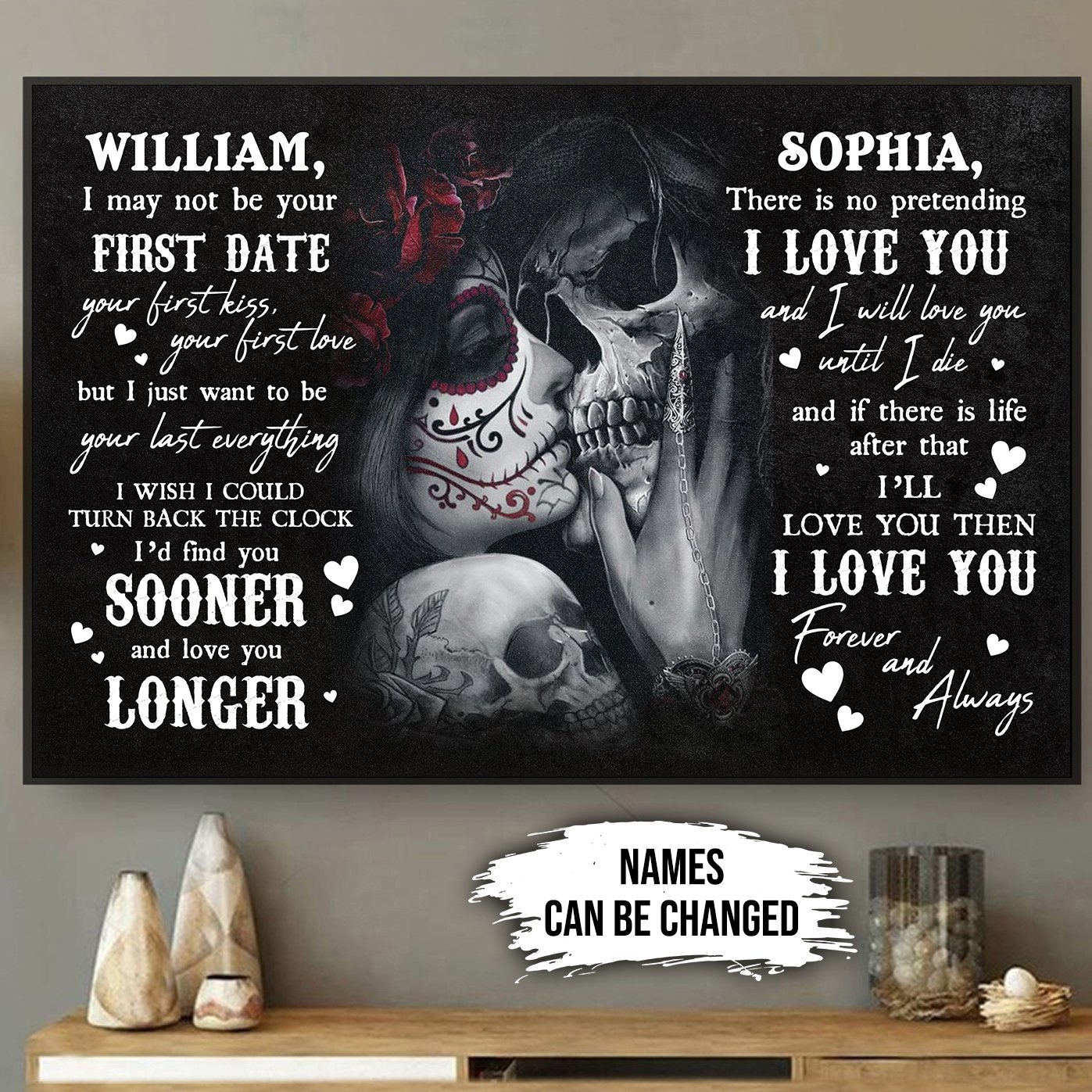 Sugar Skull Love You Until I Die Personalized Horizontal Poster, Halloween Decorations Indoor, Gift For Couple