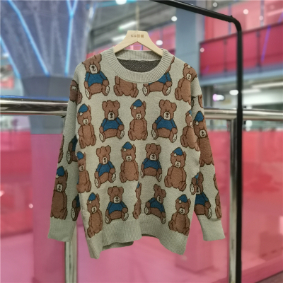 Winter Sweater Cute Bear Print Loose Long Sleeve O-Neck Harajuku Casual Knitted Sweater Woman Harajuku Kawaii Outerwear alx